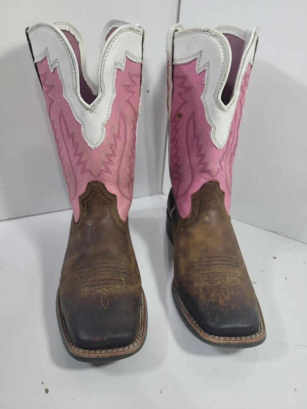 Ariat Girls Youth Cowboy Boots Size 2 Pink White Leather Square Toe Western